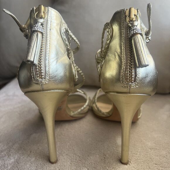 Badgley Mischka Metallic Gold Strappy Stiletto Heel Sandal Women 8.5 Braided Zip - Picture 11 of 16